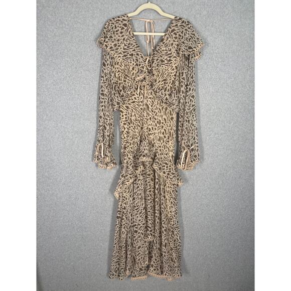 ASOS Dress 8 Cream Midi Ruffle Tiered Leopard Sheer Puff Prairie Cottage Boho - Picture 1 of 16